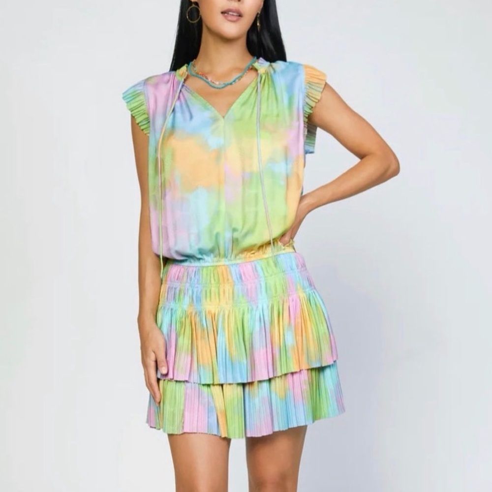 Tie-Dye Pastel Pleated Tiered Mini Dress - Multicolor